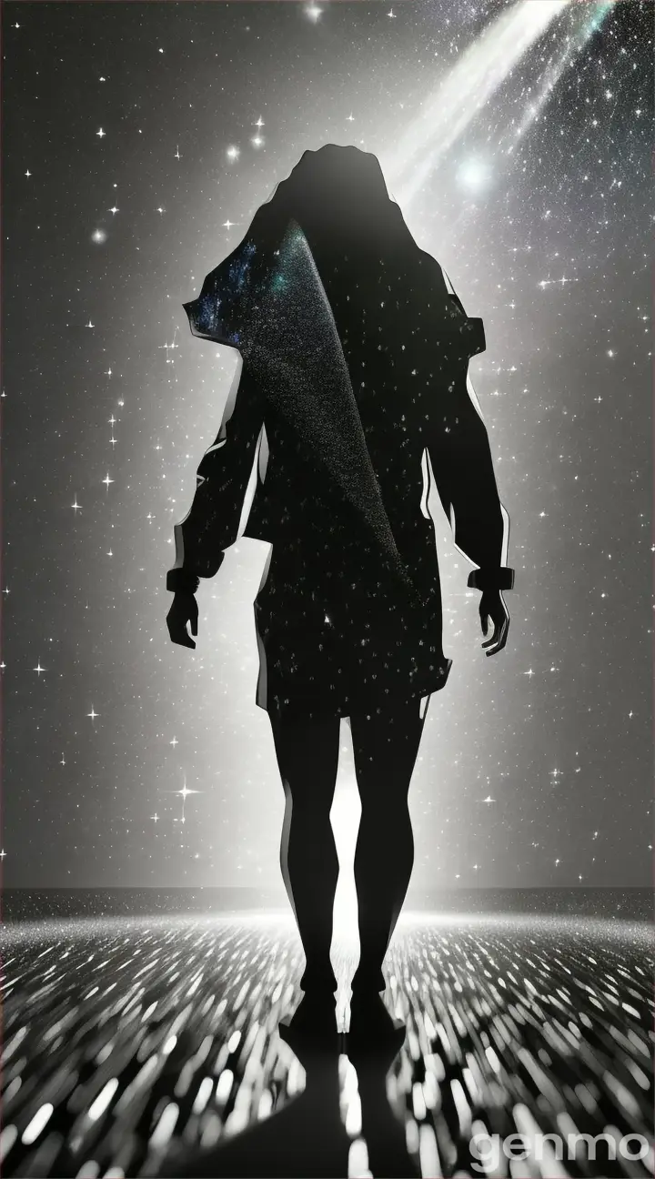 A figure walking a path into a glittering galaxy, with the stars raining down around them in a surreal, sparkling shower Black and white composition black figure above flat earth  