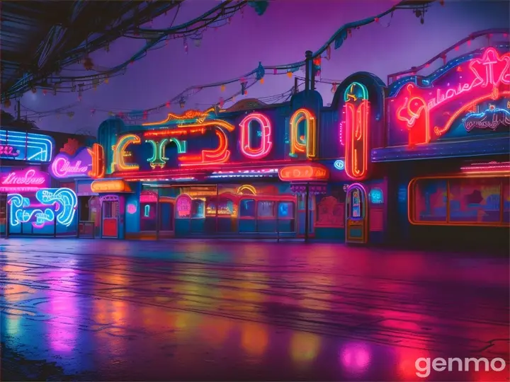 Neon accents illuminate a deserted amusement park reminiscent of the golden age of arcades