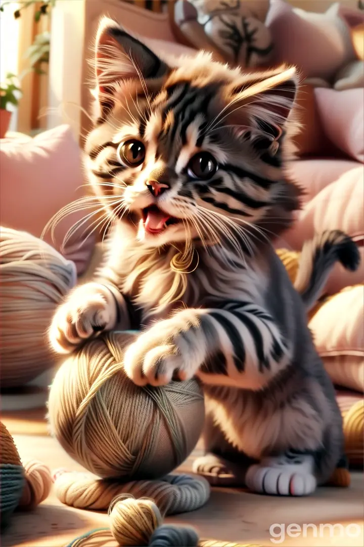 a kitten playing with a ball of yarn