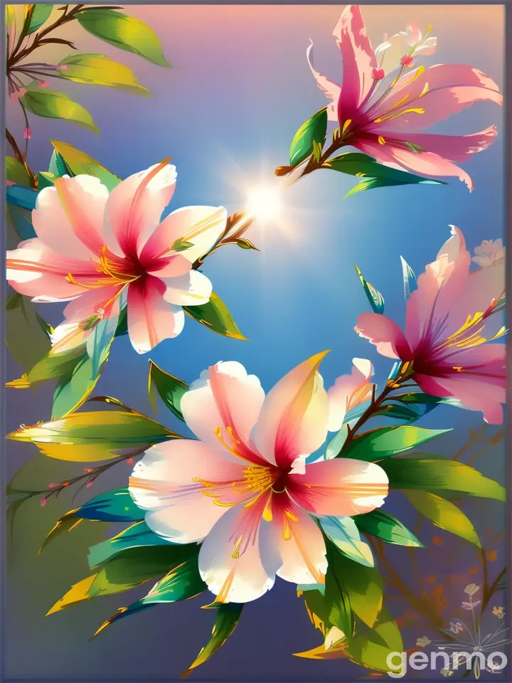 Drawing: on a blue sky stylized sun with rays. In the foreground: three stylized  azalea flower with stems.
Рисунок: на голубом небе стилизованное солнце с лучами. На переднем плане: три стилизованных азалия flower со стеблями.
