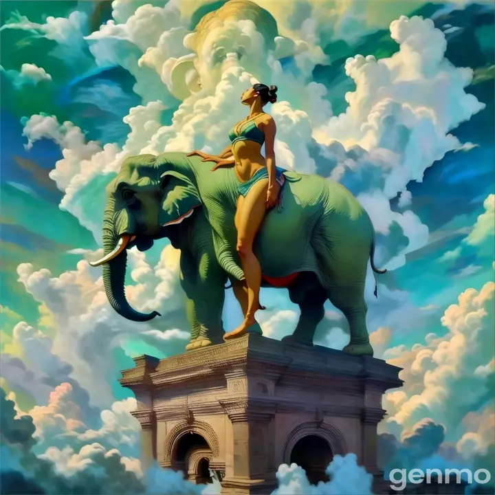 a painting of a woman standing on top of an elephant