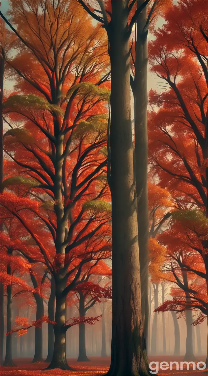 Here is a detailed description of the photo you provided:

"A serene forest scene bathed in the rich hues of autumn. The forest floor is blanketed with fallen leaves in shades of deep red, creating a vibrant carpet. Tall, slender trees with dark trunks stretch upward, their branches adorned with a mix of red and orange foliage. The sky visible through the canopy is a clear blue, providing a stunning contrast to the warm colors of the leaves. The overall atmosphere is tranquil and enchanting, capturing the essence of a peaceful autumn day in the woods."

Would you like to proceed with generating an AI video based on this description?