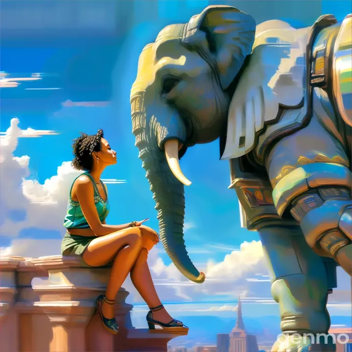 a woman sitting on a ledge next to an elephant