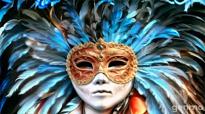 a woman wearing a mask with feathers on her head