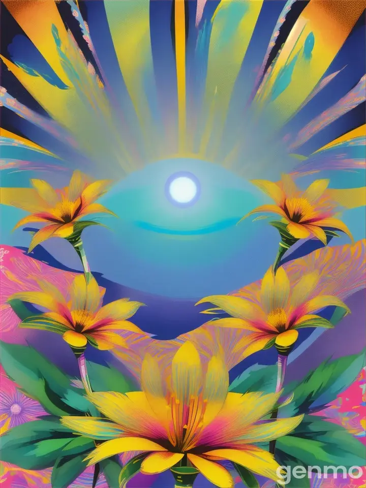 “Drawing: BACKGROUND: on a blue sky stylized sun with rays. In the foreground: three stylized azalea flower with stems. On an abstract background of pop art. Drawing with spots and strokes with yellow-blue and purple shades. Рисунок: ФОН: на голубом небе стилизованное солнце с лучами. На переднем плане: три стилизованных азалия flower со стеблями. На абстрактном фоне поп-арт. ВСЯ КАРТИНКА с пятнами и штрихами с желто-синими и лиловыми оттенками.