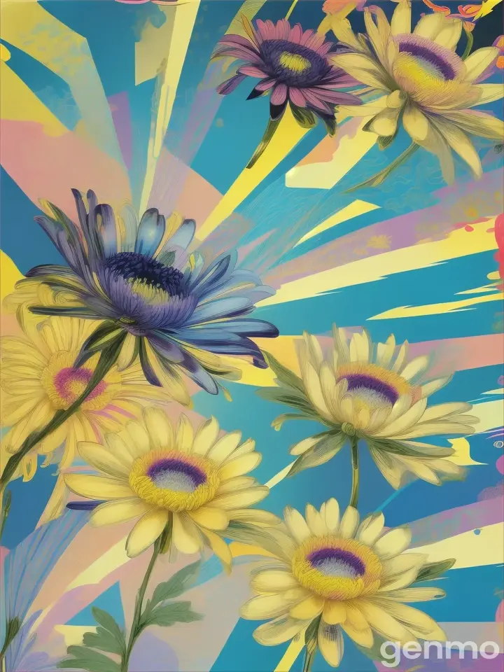 Drawing: BACKGROUND: on a blue sky sun with rays. In the foreground: three stylized chrysanthemum flower with stems. On an abstract background of pop art. Drawing with spots and strokes with yellow-blue and purple shades. Рисунок: ФОН: на голубом небе  солнце с лучами. На переднем плане: три стилизованных хризантема flower со стеблями. На абстрактном фоне поп-арт. ВСЯ КАРТИНКА с пятнами и штрихами с желто-синими и лиловыми оттенками.