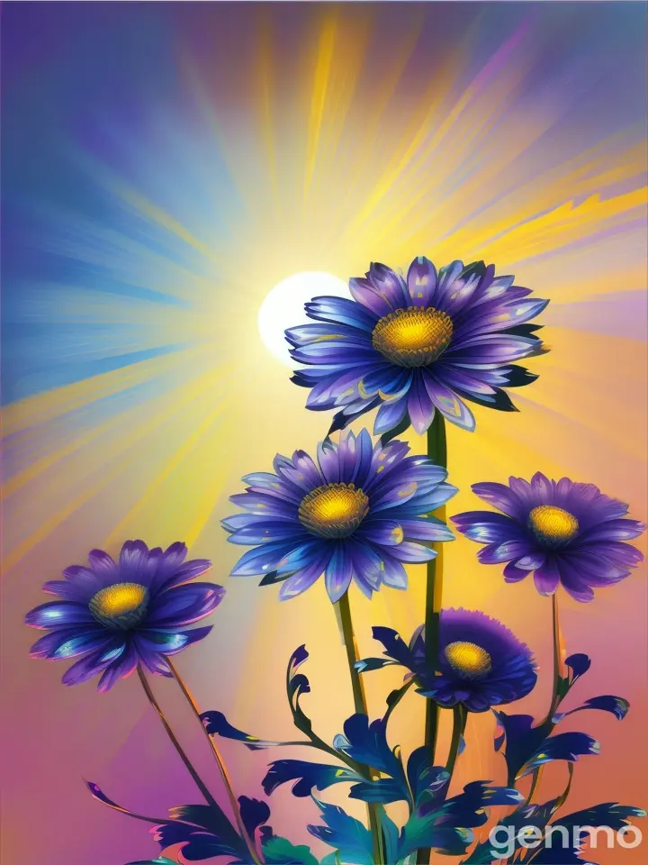 Drawing: BACKGROUND: on a blue sky sun with rays. In the foreground: three stylized chrysanthemum flower with stems. On an abstract background. Drawing with spots and strokes with yellow-blue and purple shades. Рисунок: ФОН: на голубом небе  солнце с лучами. На переднем плане: три стилизованных хризантема-flower со стеблями. На абстрактном фоне. ВСЯ КАРТИНКА с пятнами и штрихами с желто-синими и лиловыми оттенками.