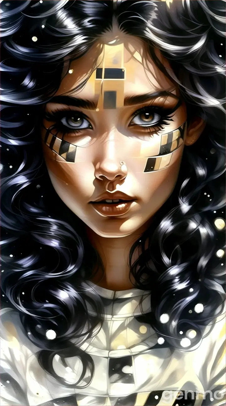 a painting of a woman's face with chess pieces painted on her face