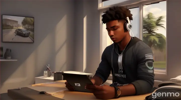 Create an illustration of Marcus, a young Black man with a street-wise appearance, camera looking into a window from outside seeing black African American manly male in his 20s, wearing hood streetwear, with headphones gazing out the window while in the window of his bedroom contemplating life, in a heavily shaded 3d realism art style full body.