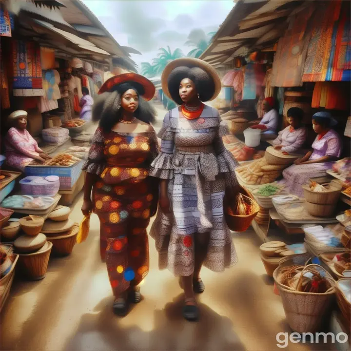 two women walking down a street in a market