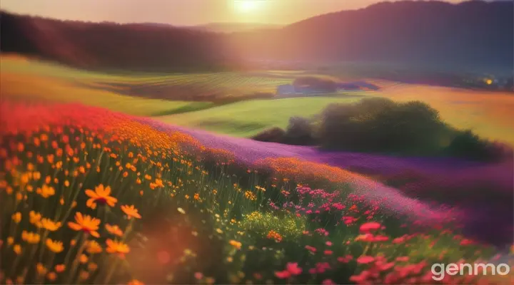 An orchestra hovers above a vibrant wildflowers and the camera orbits cinematically in a fantastical style 