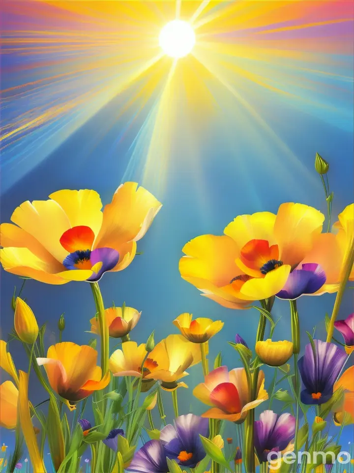 Drawing: BACKGROUND: on a blue sky sun with rays. In the foreground: three stylized eschscholzia flower with stems. On an abstract background. Drawing with spots and strokes with yellow-blue and purple shades. 
Рисунок: ФОН: на голубом небе  солнце с лучами. На переднем плане: три стилизованных эшшольция-flower со стеблями. На абстрактном фоне. ВСЯ КАРТИНКА с пятнами и штрихами с желто-синими и лиловыми оттенками.

