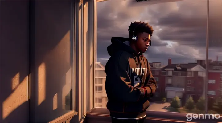 Create an illustration of Marcus, a young Black man with a street-wise appearance, camera looking into a window from outside seeing black African American manly male in his 20s, wearing hood streetwear, with headphones gazing out the window while in the window of his bedroom contemplating life, in a heavily shaded 3d realism art style full body.sad