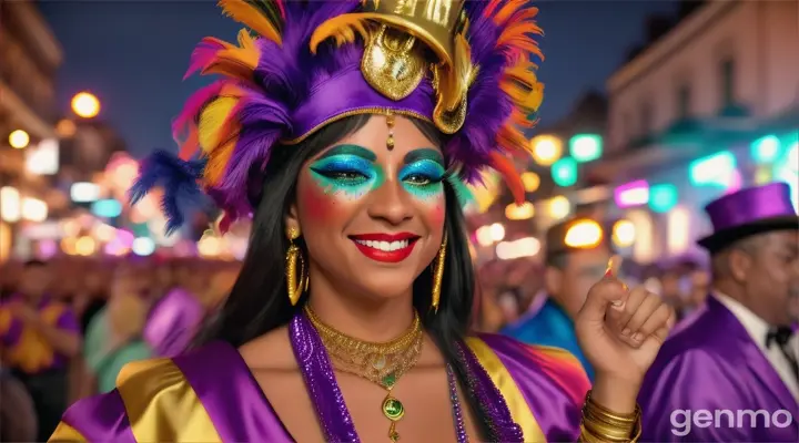 Mardi Gras revelers on Bourbon Street celebrating in the colorful costumes