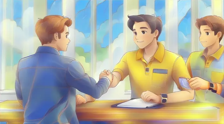 a man shaking hands with another man at a desk