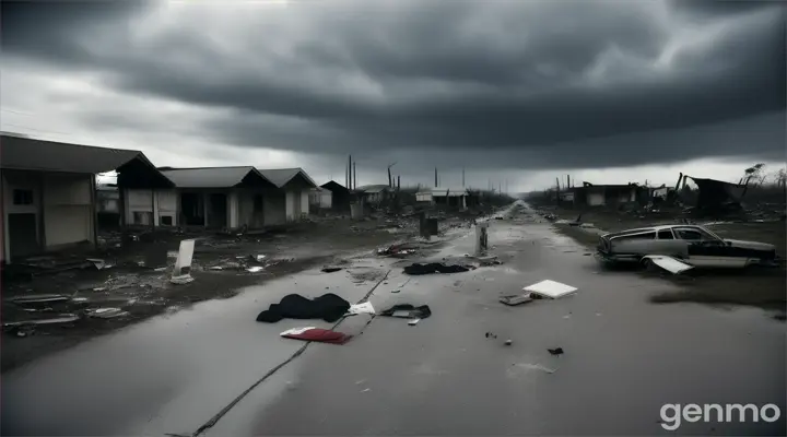 A haunting image of the Jonestown site after the mass suicide, with scattered belongings and a dark, cloudy sky representing the tragic end of the Peoples Temple community.