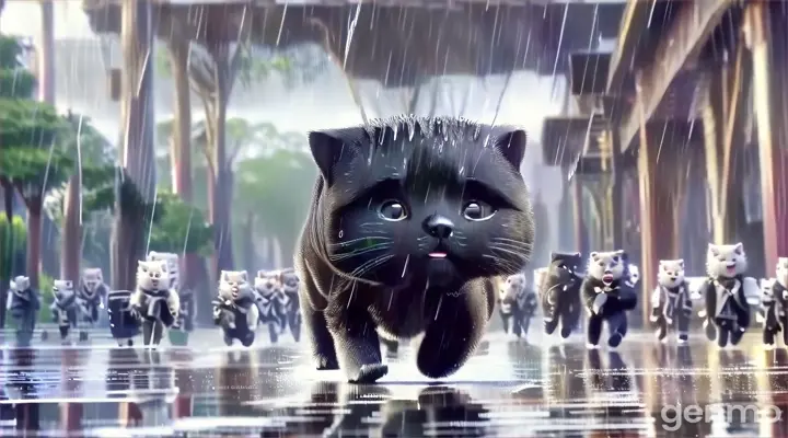 a black cat walking down a street in the rain