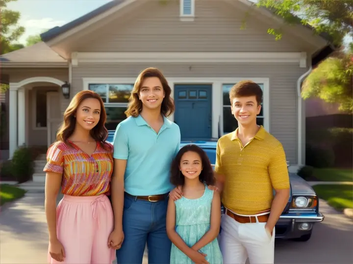 follow the same clothes in the reference: A happy family in front of the house and a car