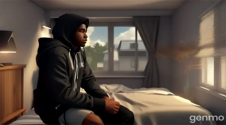 Create an illustration of Marcus, a young Black man with a street-wise appearance, camera looking into a window from outside seeing black African American manly male in his 20s, wearing hood streetwear, with headphones gazing out the window while in the window of his bedroom contemplating life, in a heavily shaded 3d realism art style full body, sad