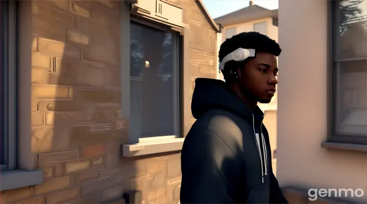 Create an illustration of Marcus, a young Black man with a street-wise appearance, camera looking into a window from outside seeing black African American manly male in his 20s, wearing hood streetwear, with headphones gazing out the window while in the window of his bedroom contemplating life, in a heavily shaded 3d realism art style full body, sad