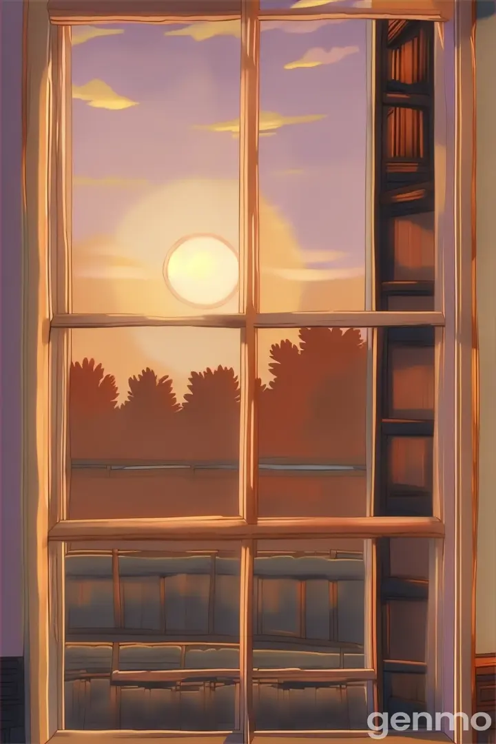 a painting of a sunset seen through a window