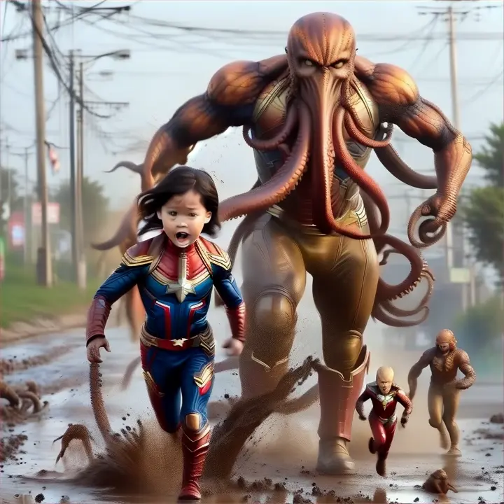 a little captain marvel running away from huge monster octopus