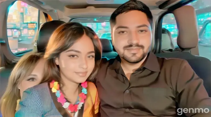 A couple sitting in the back of a car, illuminated by the vibrant neon lights of a futuristic cityscape in the background