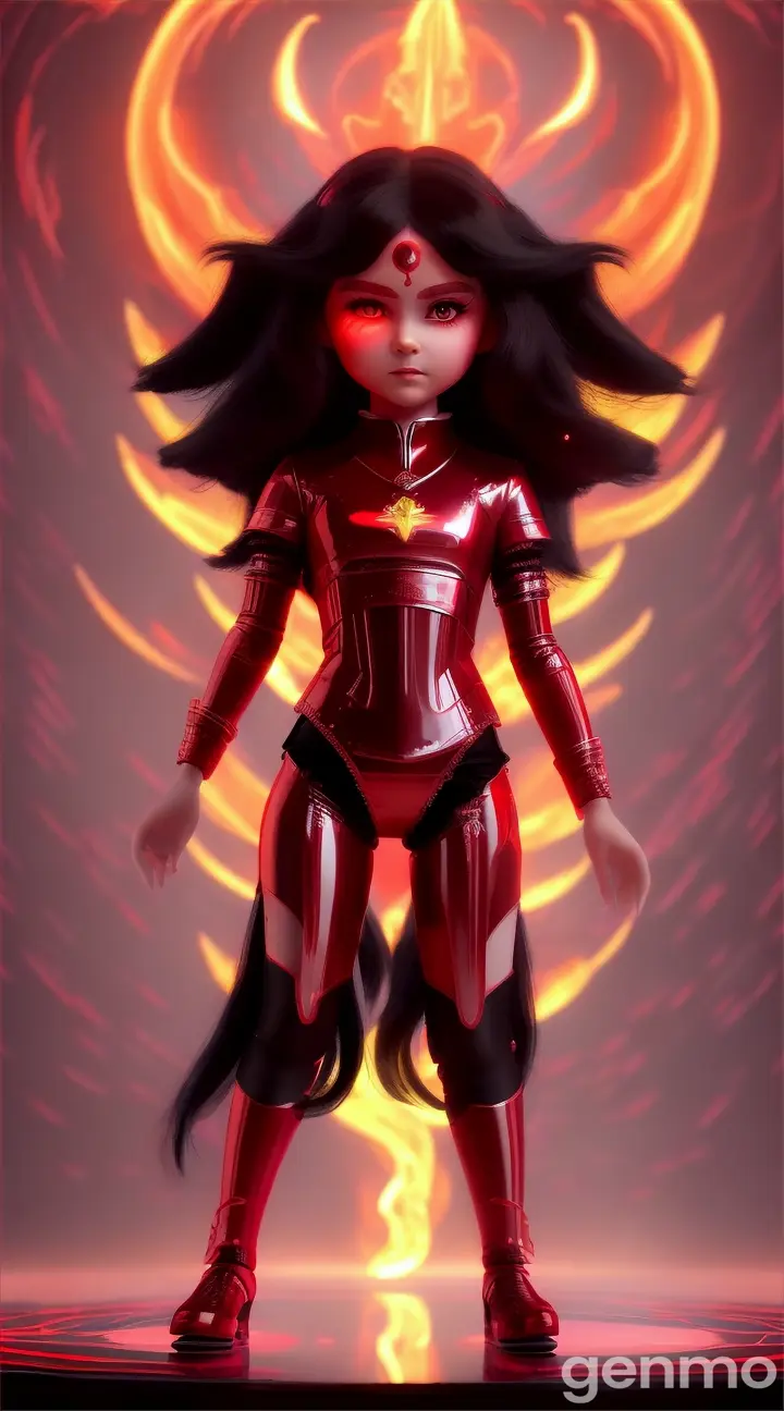 “Little sci fi animated 3d baby little girl Maa Kali of 4 years age futuristic in long red outfit open long black hair is battling, fiery flames, perfect video, 9:16 ratio”