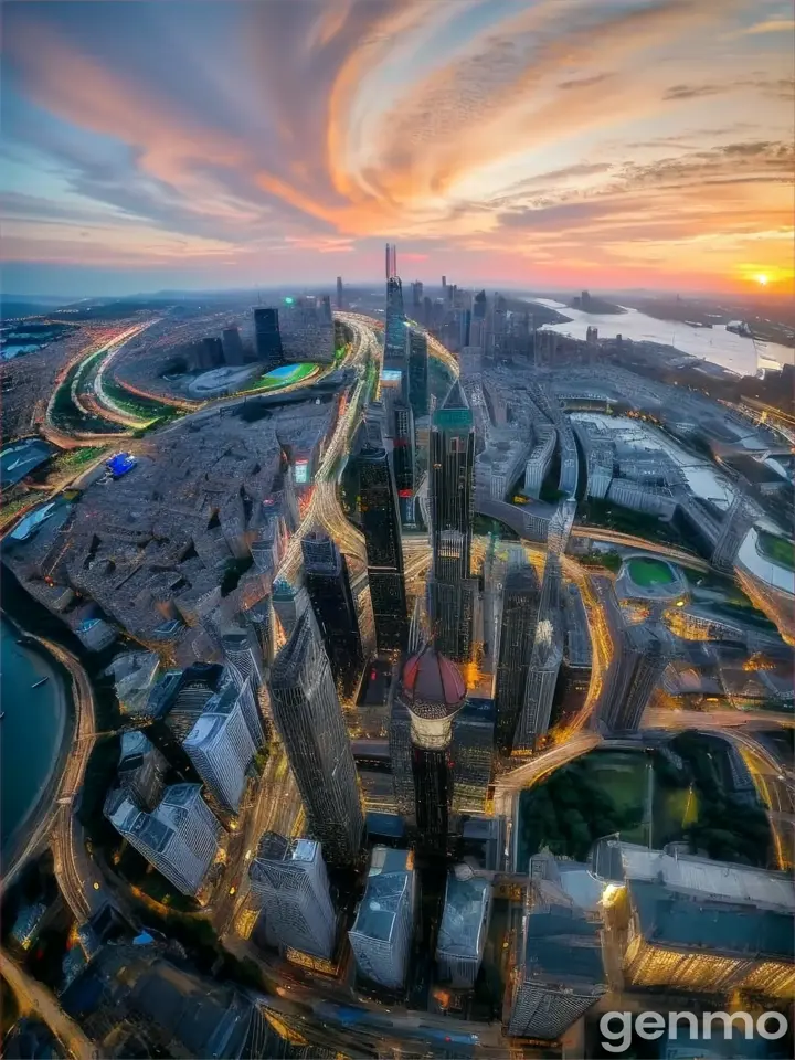 an aerial view of a city at sunset