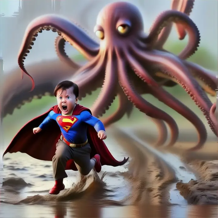 a little superman running away from huge monster octopus