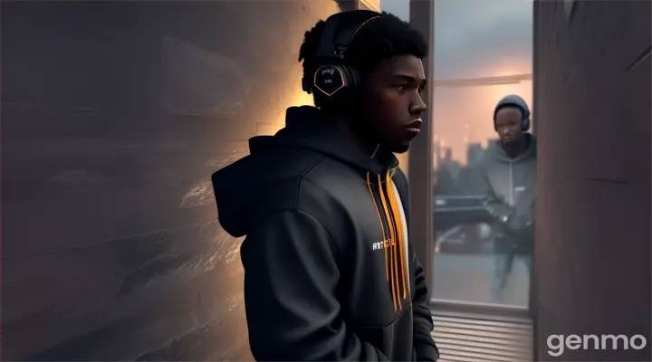 Create an illustration of Marcus, a young Black man with a street-wise appearance, camera looking into a window from outside seeing black African American manly male in his 20s, wearing hood streetwear, with headphones gazing out the window while in the window of his bedroom contemplating life, in a heavily shaded 3d realism art style full body, sad