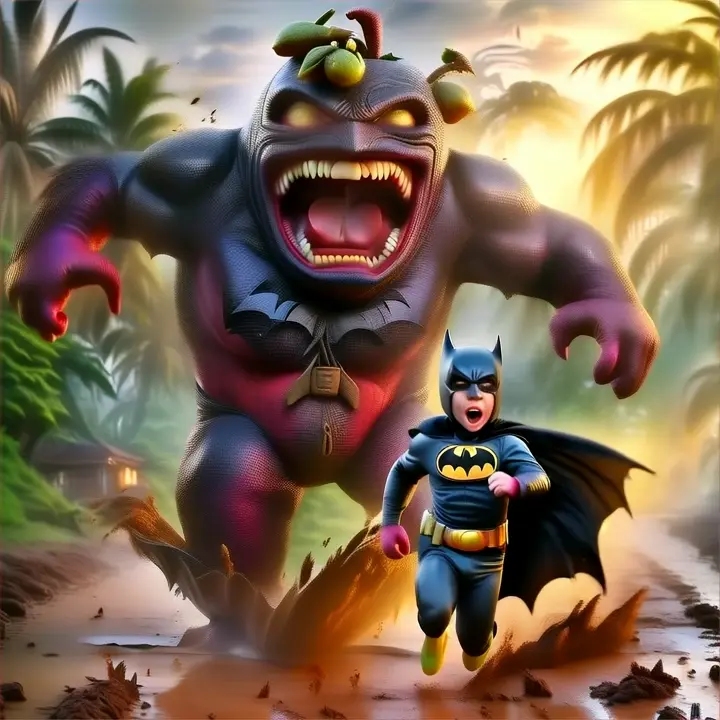 a little batman running away from giant fruit-monster