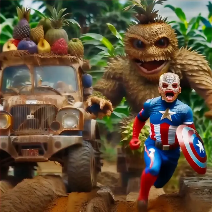 a little captain-america running away from giant fruit-monster