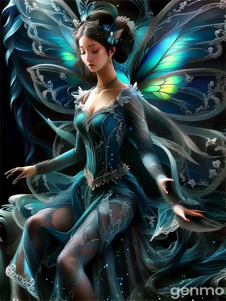 a woman in a blue dress with a butterfly wings