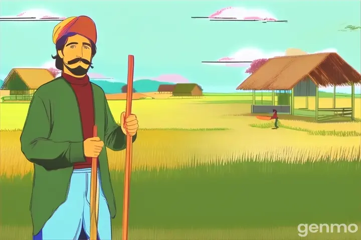 a man standing in a field holding a stick