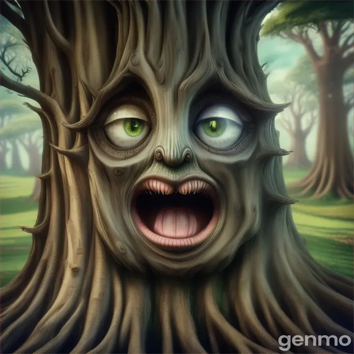 a big tree with big eyes and mouth