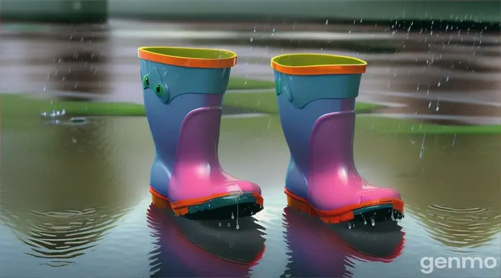 3d cartoon story style a scene of rain boots splashing in puddles. The rain is still falling, and the puddles are reflecting the gloomy sky. The boots belong to the children, but their faces are not visible, emphasizing the rain and the longing to play.