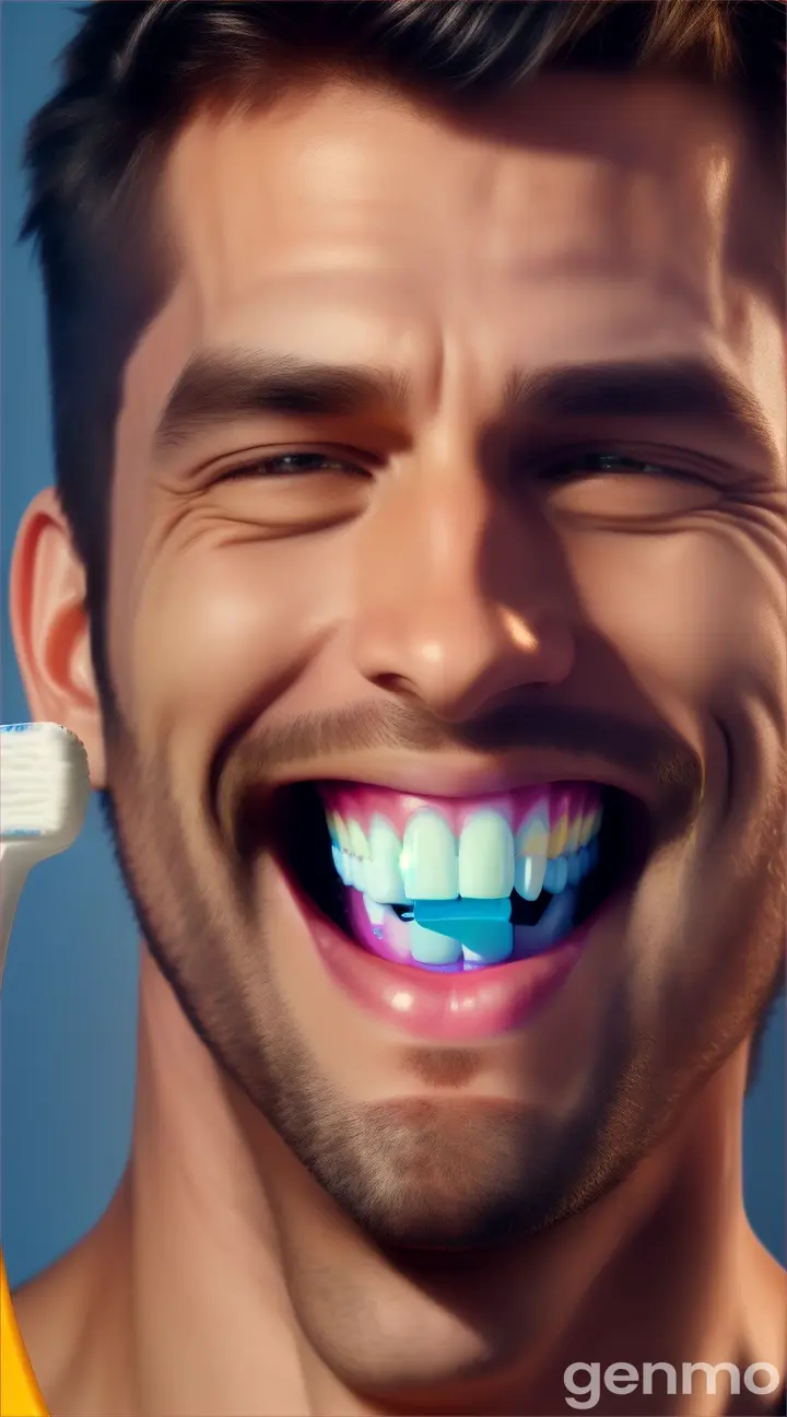 The head of a smiling man with transparent teeth and a toothbrush in his hand