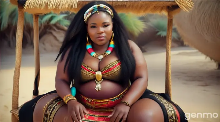 beautiful pragnent zulu woman plus size, Long hair, Zulu jewelry, bikini Zulu bikini dress for plus size pragnancy, sitting Zulu village swing