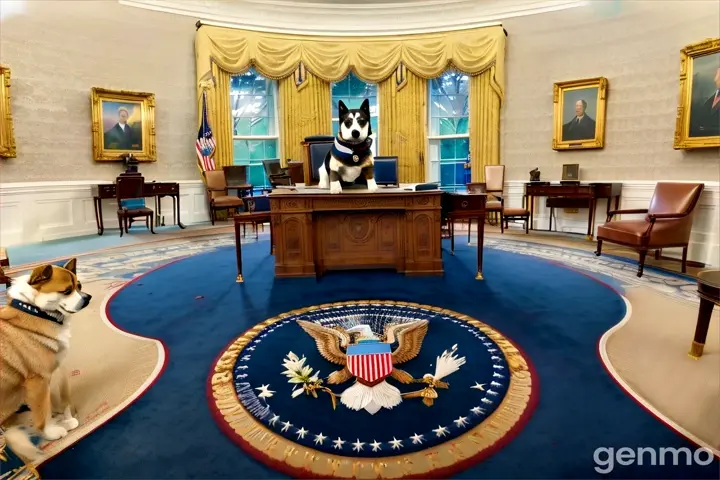 a dog sitting at a desk in the oval room of the white house