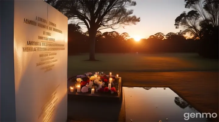 A reflective image of a memorial site for the victims of Jonestown.