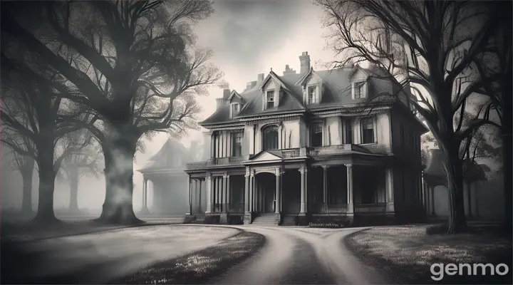 Scene: Introduction of the protagonist (you) addressing the camera nervously, explaining the fascination with the haunted mansion. Image Prompt: Protagonist looking at an old, decrepit mansion from a distance, shrouded in mist.