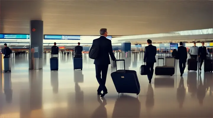 Wide shot of the person arriving at a bustling airport, checking in their luggage.