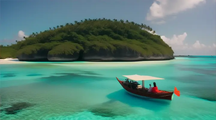 Wide shot of a woman aboard a small boat for an Maldivian island-hopping adventure.