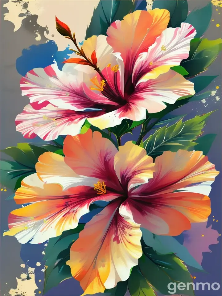 in the foreground a digital stylized Hibiscus in sketch style with thick strokes, blots and spots.  background of Modern digital blue sky and sun rays.
на переднем плане digital stylized Гибискус в стиле наброска с толстыми обводками со штрихами, кляксами и пятнами. background of Modern digital blue sky and sun rays.