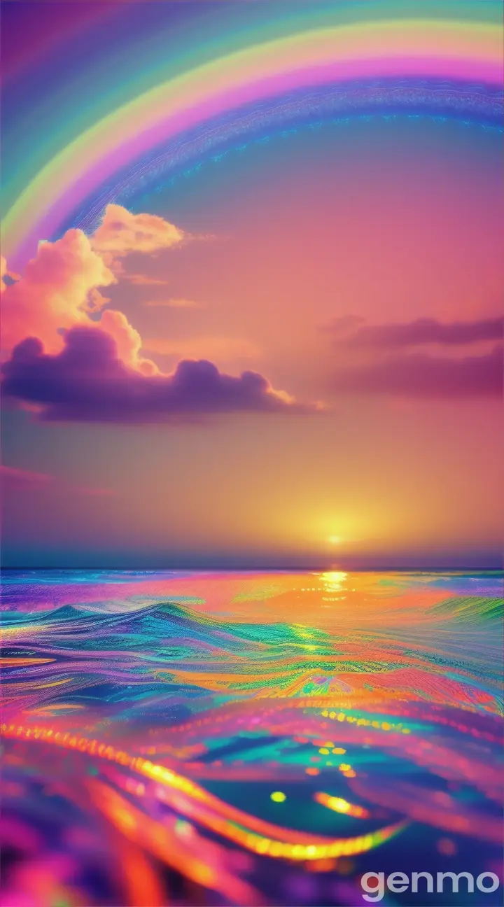 Rainbow sky, rainbow ocean, flowers, cute, fractals, beautiful, shine 