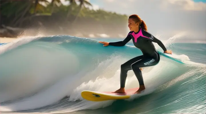 Medium shot of a woman taking a surfing lesson, catching their first wave at the Maldive 