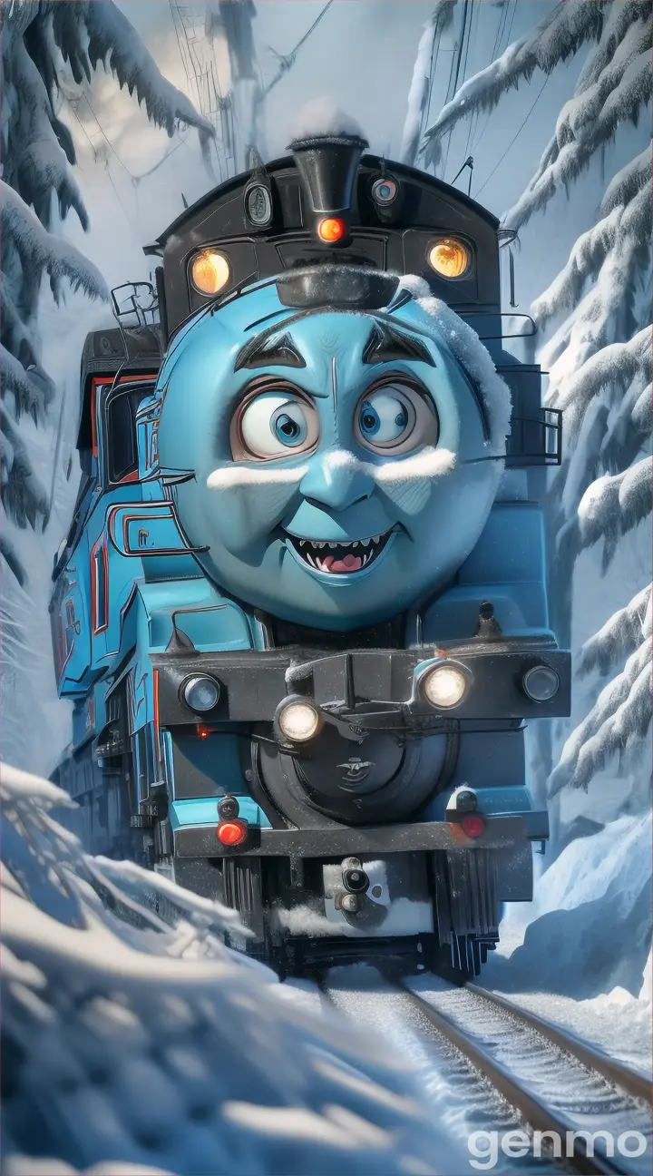 Cartoon monster-train hybrid, merging Thomas's face with a spider's body and horns, surrounded by a snowy winter wonderland