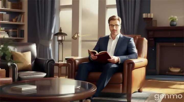 The presenter is in a cozy, well-lit environment, with an open Bible on a table beside him.
