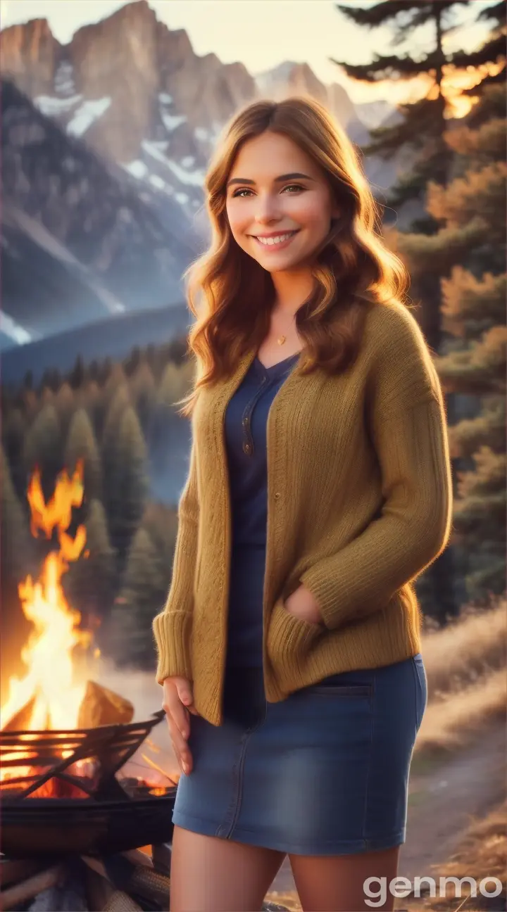 pretty woman standing at the campfire 
